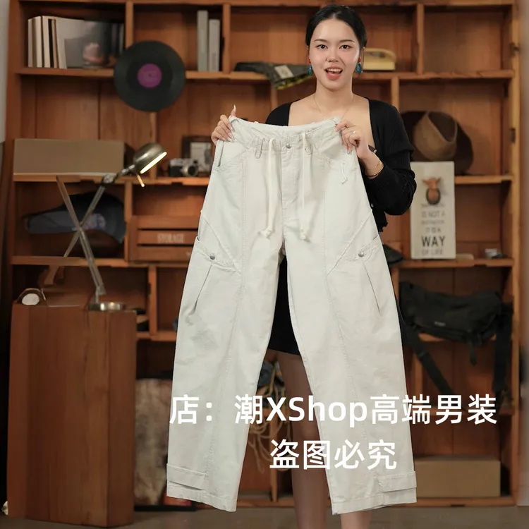 重工轻奢美式多口袋弯刀裤男士休闲工装裤宽松直筒大裤脚阔腿裤潮