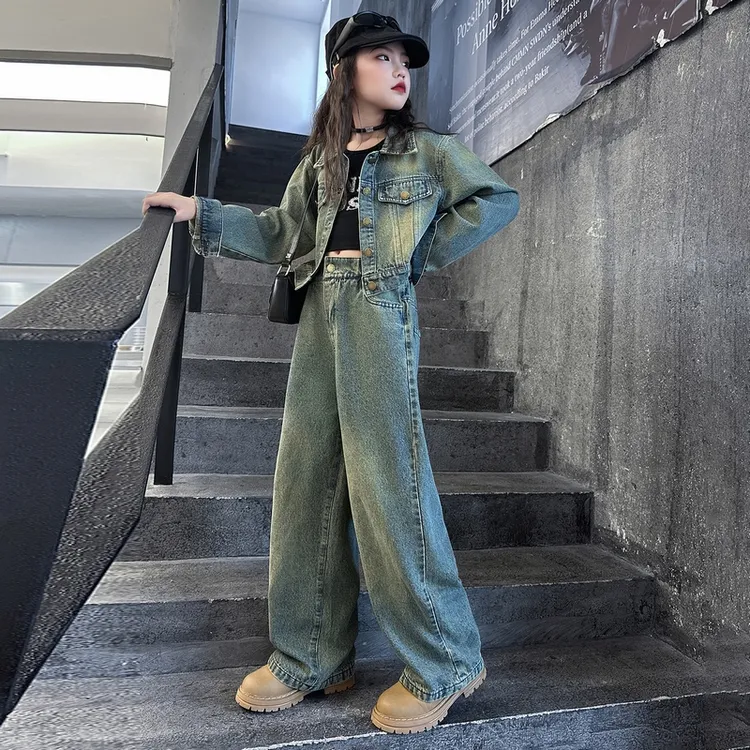 女童牛仔套装春秋2025新款洋气大童韩系外套6-12岁秋装儿童两件套