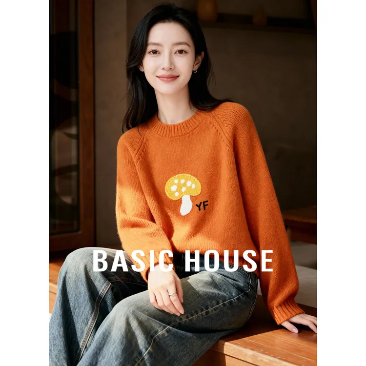 Basic House/百家好秋冬新款简约刺绣小蘑菇宽松毛衣-B0625B5MQK2