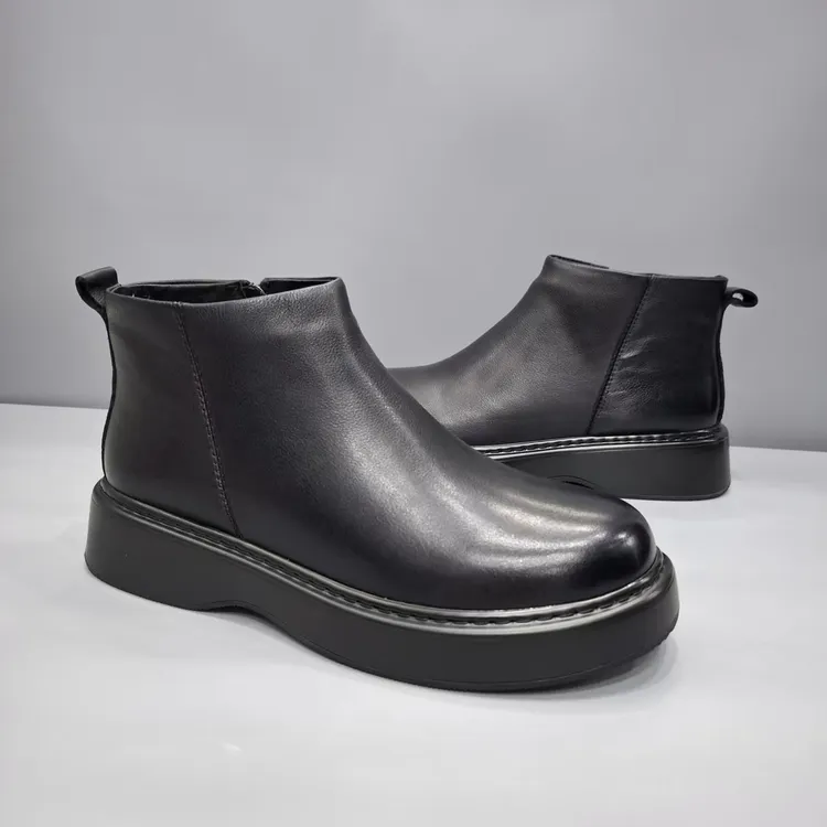 英伦风冬季商务风保暖厚底休闲皮鞋加绒百搭黑棉皮鞋素面秋冬