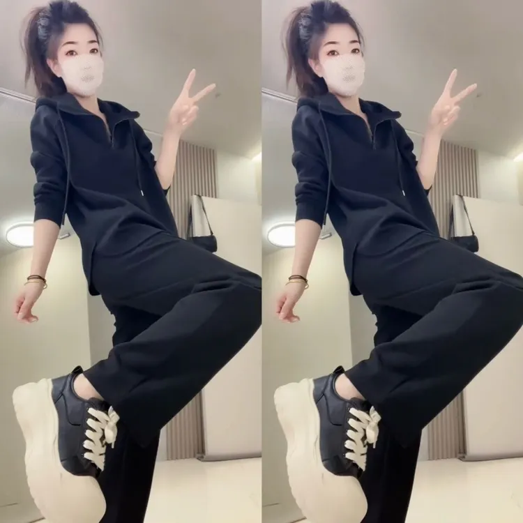 秋季新款连帽宽松弧边时尚运动休闲显瘦上衣搭配阔腿裤套装