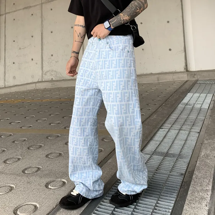 休闲男式印花休闲裤春季长裤裤子韩版直筒裤2025新款时尚都市牛仔