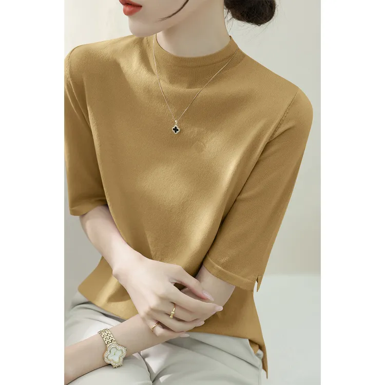 2025年早秋新款芥黄色宽松显瘦气上衣时尚半高领中袖针织衫女装