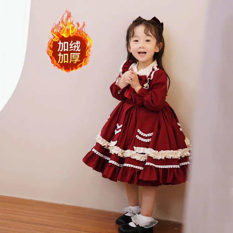 洛丽塔女童公主裙秋冬红色一岁婴幼儿生日宴抓周衣服周岁女宝礼服