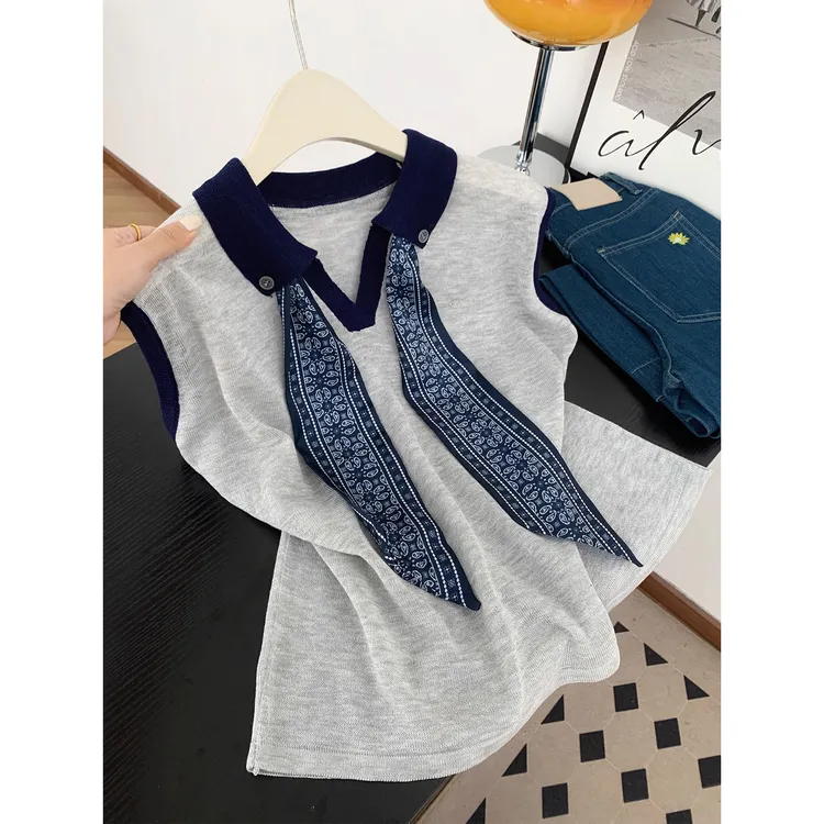 韩系撞色丝巾Polo领无袖显瘦针织衫女夏季设计感时尚减龄百搭上衣