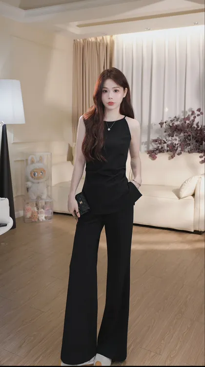 CJJ【自律美学】夏季黑色显瘦开叉短袖韩系黑色吊带时尚百搭裤子