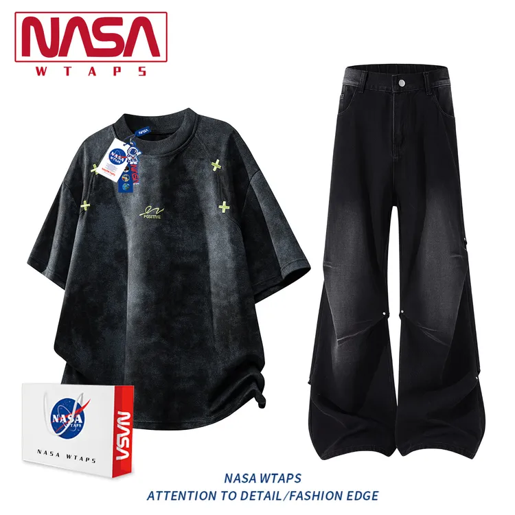 NASA WTAPS美式扎染刺绣T恤套装男装夏装款爆款2026新款痞帅短袖