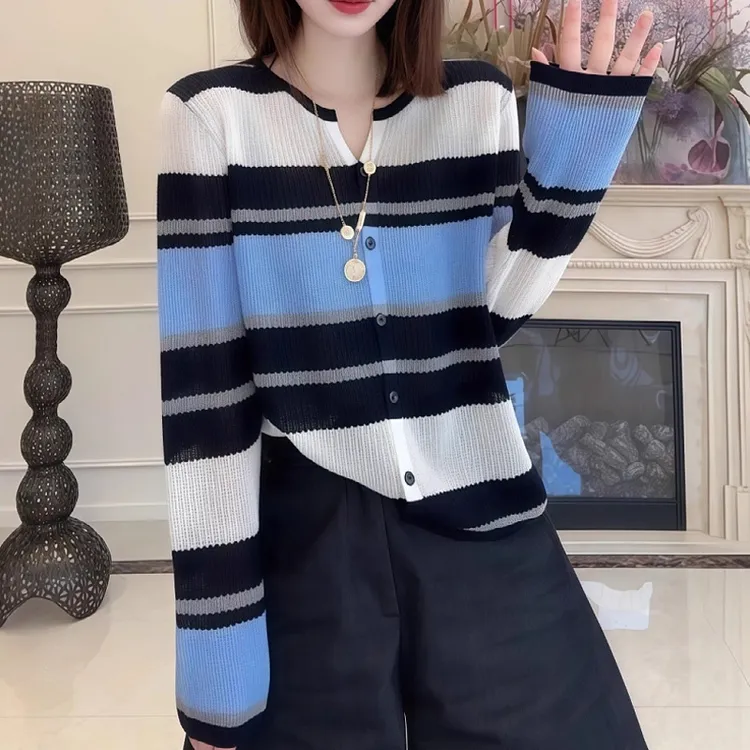 韩系网红松时尚撞色条纹针织打底衫女新款显瘦气质百搭复古女上衣