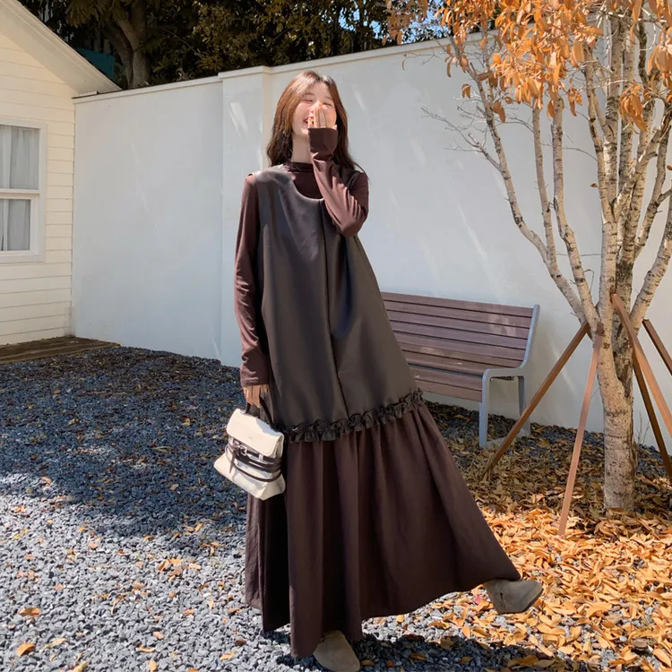 复古甜酷氛围感套装裙2025春秋新款美拉德风打底衫PU皮拼接连衣裙