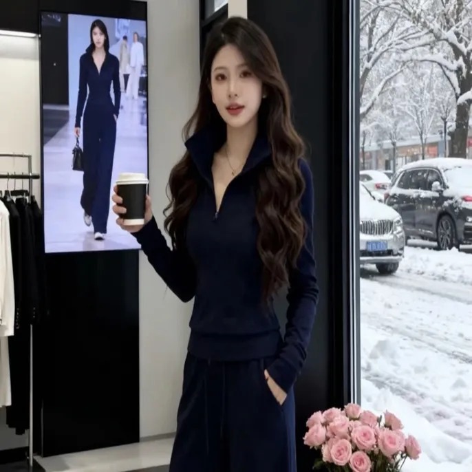 2025秋冬时尚新款休闲百搭显瘦慵懒长袖上衣抽绳长裤阔腿裤套装女