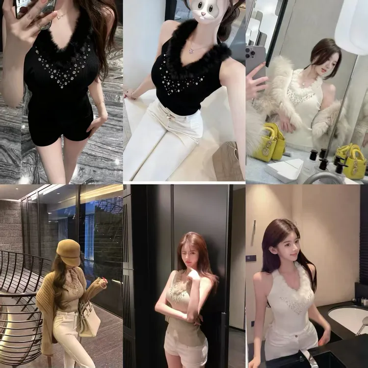 法式秋季纯御性感上衣新款重工蕾丝吊带挂脖上衣慵懒气质