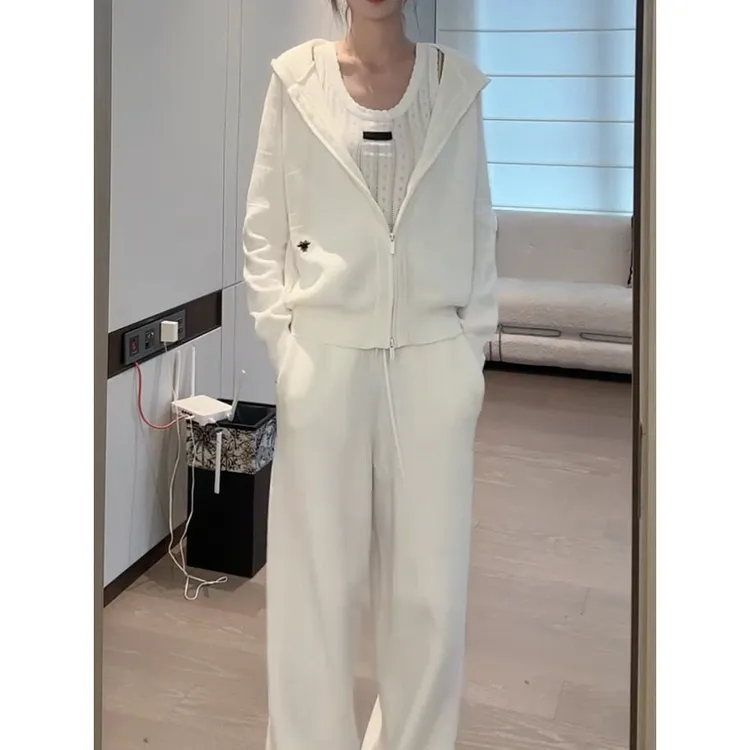 时尚减龄针织裤套装女2025秋季新款韩系百搭开衫连帽上衣+直筒裤