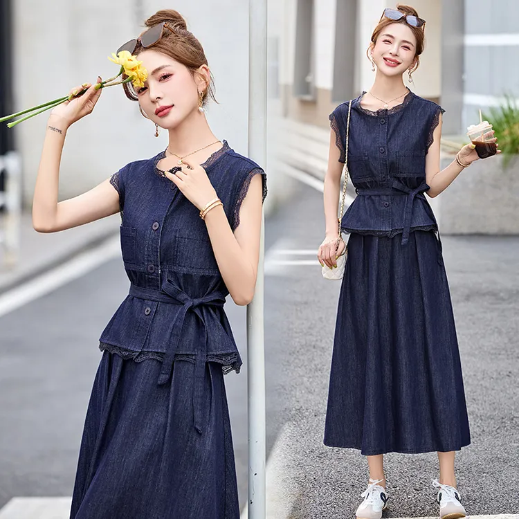 牛仔套装裙2025夏新款韩系高级感独特漂亮蕾丝无袖背心穿搭两件套