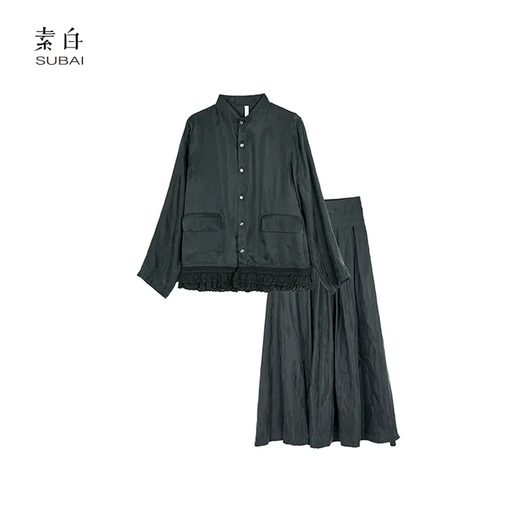 素白【黑天鹅】原创设计铜氨丝时尚简约百褶裙套装SB2411CP00717