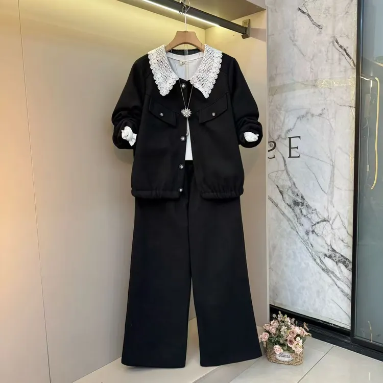 2025秋冬简约显瘦夹棉气质时尚洋气胖mm通勤外套+裤子套装566