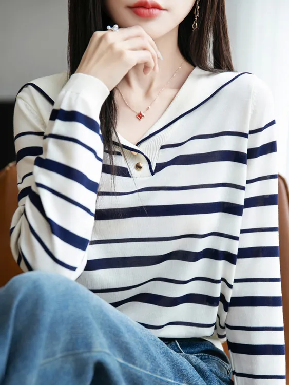 春秋新款海军领冰丝针织长袖t恤女宽松内搭条纹打底衫上衣高级感