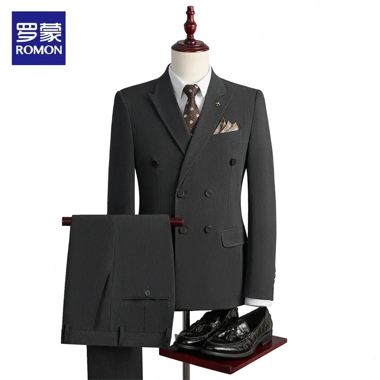 罗蒙西服套装男2025春季款黑色正装新郎结婚礼服双排扣西装三件套
