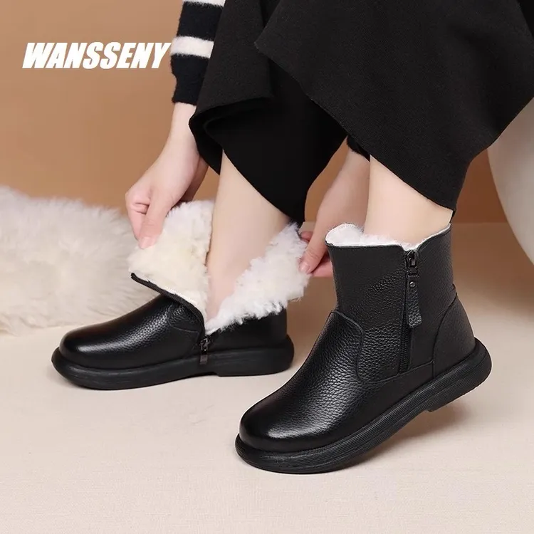 WANSSENY2025年冬季新款真皮短靴平底皮毛一体保暖加厚羊毛雪地靴