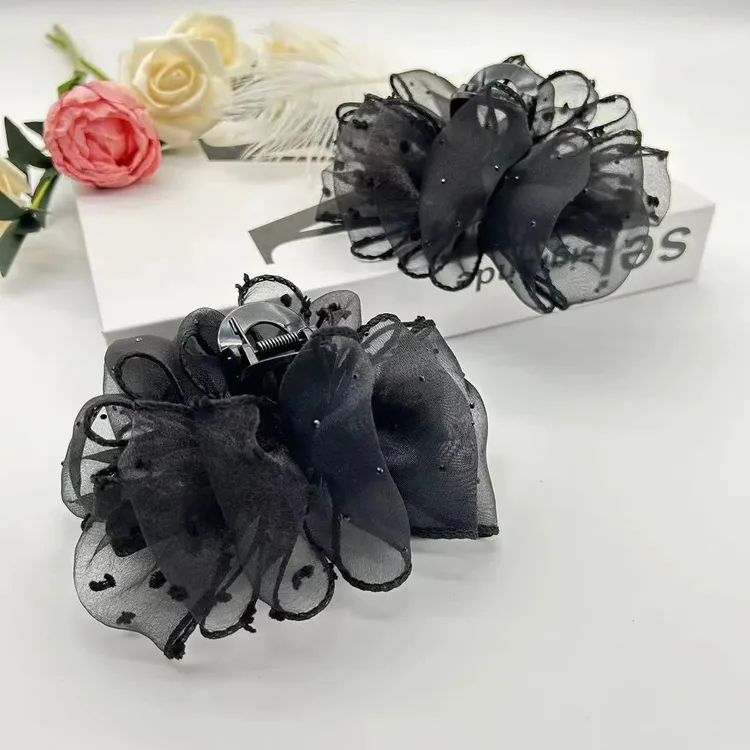 满天星泡泡抓夹亚克力发饰气质复古百搭欧根纱黑色盘发鲨鱼夹