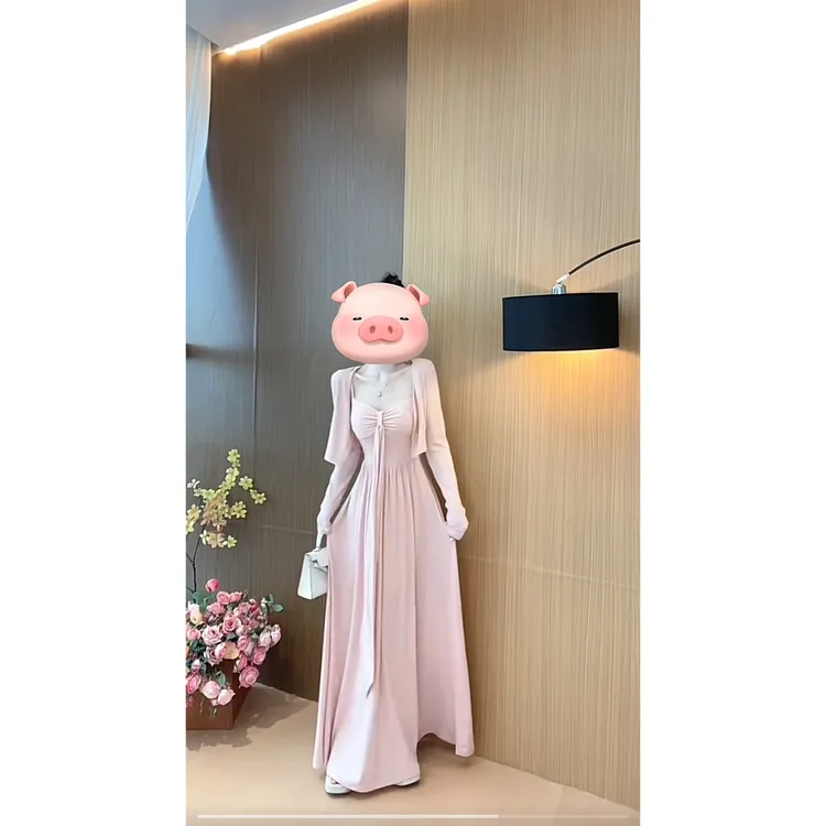 浅粉漫姿 纯欲风性感蝴蝶结吊带连衣裙A字裙长裙（自带胸垫）