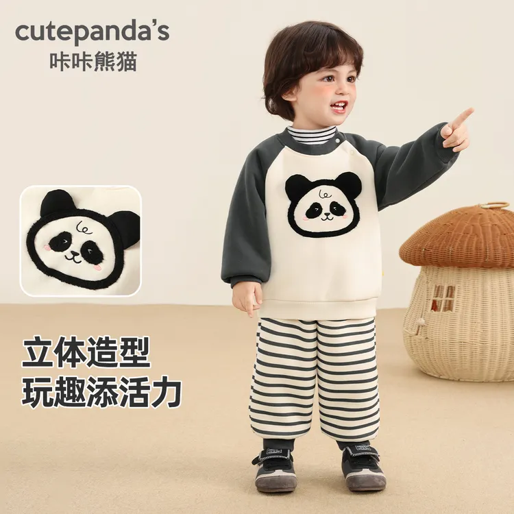 儿童秋冬卡通加绒套装婴儿新款加厚冬装宝宝长裤两件套冬季Y10403