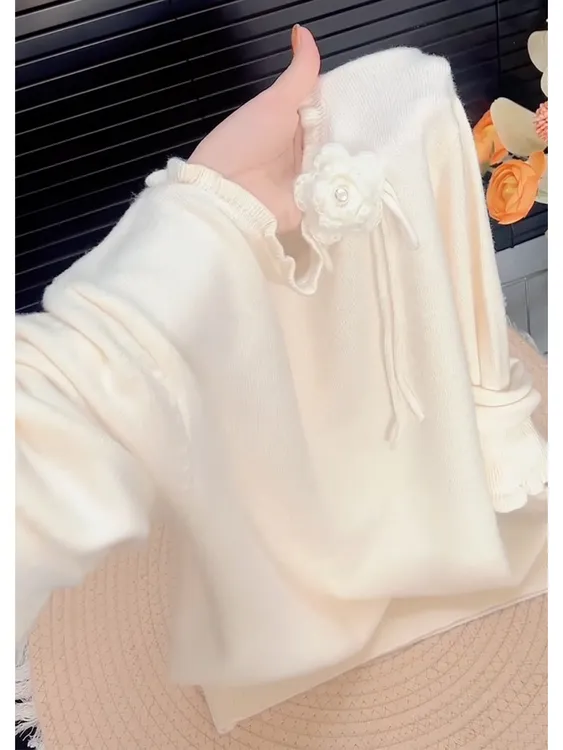 复古韩版立体花朵针织衫T恤女秋季2025新款甜美减龄洋气百搭毛衣