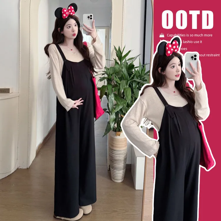 孕妇装秋装2025新款裤子春夏季套装时尚洋气阔腿春秋背带裤两件套