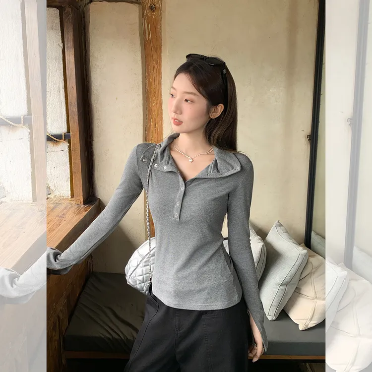 韩系半开领长袖T恤女秋季设计感小众修身显瘦辣妹风上衣