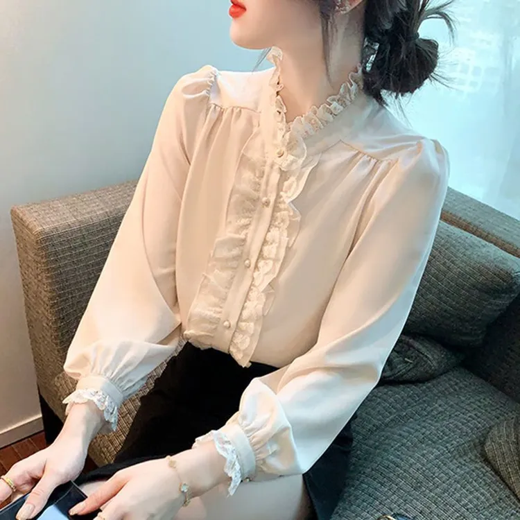 哥弟阿玛施正品荷叶边长袖雪纺衬衫女士春季2025新款春装高级感法