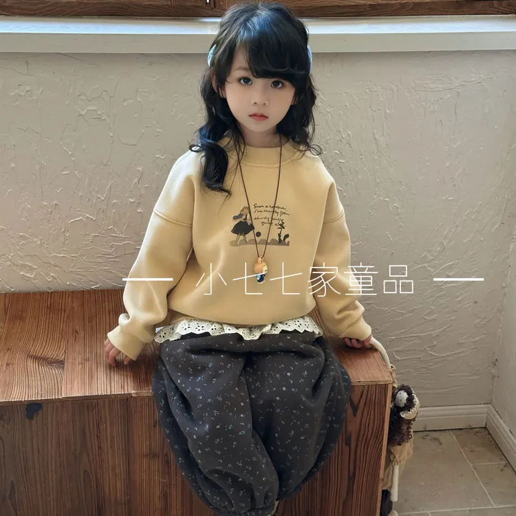 女童秋冬加绒卫衣套装2025新款卡通卫衣碎花裤一体绒两件套 2508