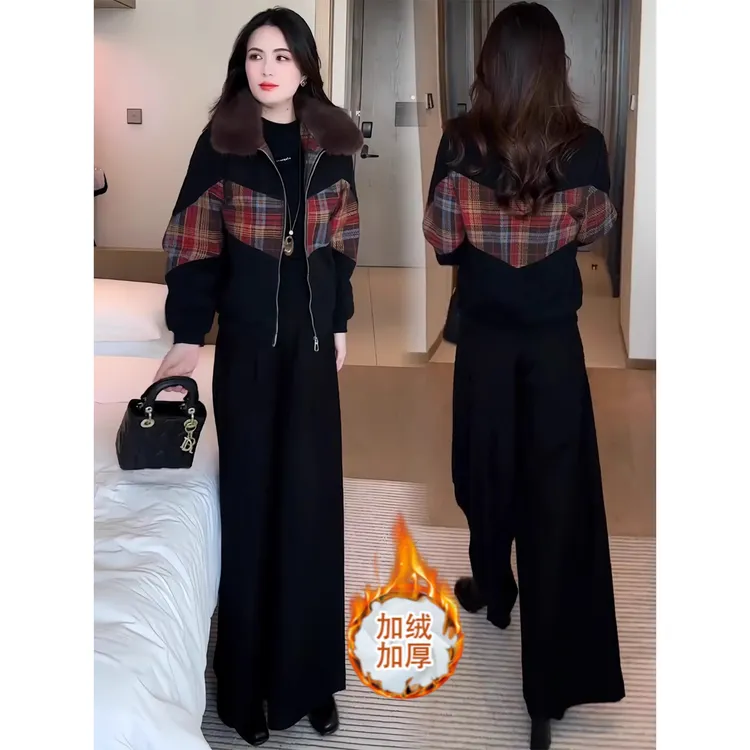 拉夏贝尔时尚气质短款外套女士秋冬2025新款加绒夹克格纹长袖上衣