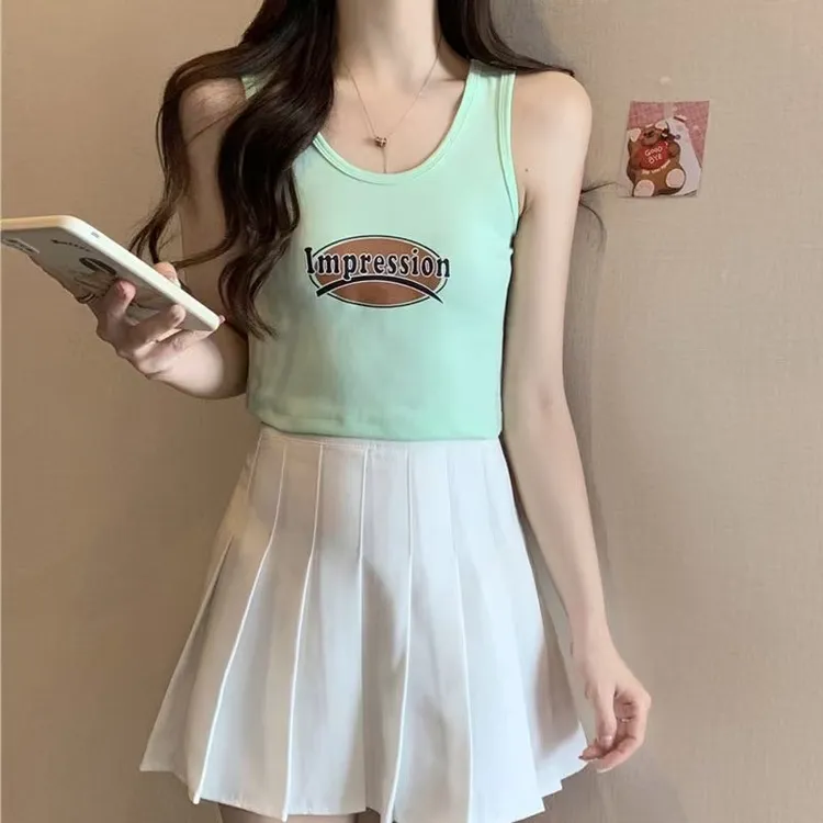 撞色辣妹潮流吊带背心女夏季新款修身百搭短款T恤潮ins无袖上衣服