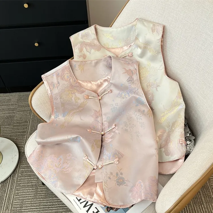 春季新中式国风圆领提花马甲女复古百搭外穿无袖坎肩女马夹潮流