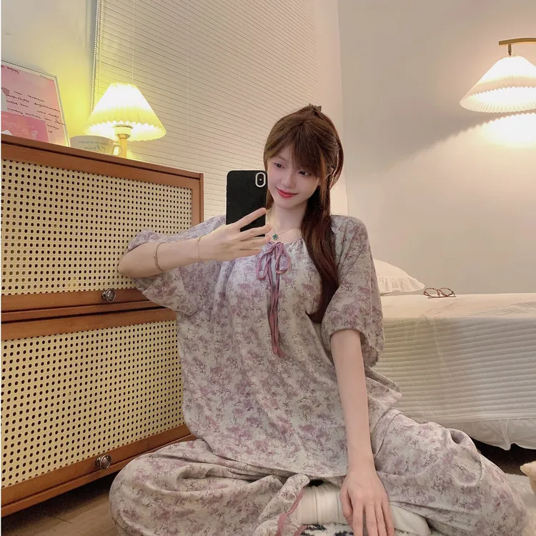 睡衣女士春夏季新款短袖碎花复古宽松大码夏季套装家居服