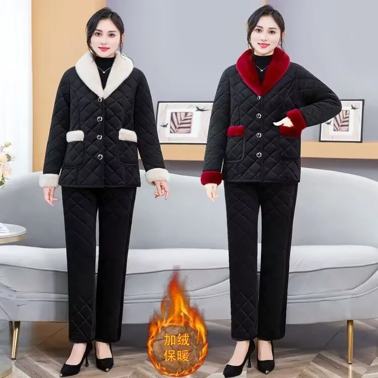 新款中老年妈妈装加绒加厚保暖套装冬季时尚中年女棉袄家居服套装