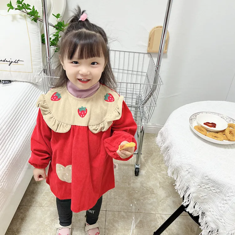 女宝宝防水罩衣儿童秋冬灯芯绒防脏反穿衣幼儿园外穿围裙婴儿围兜