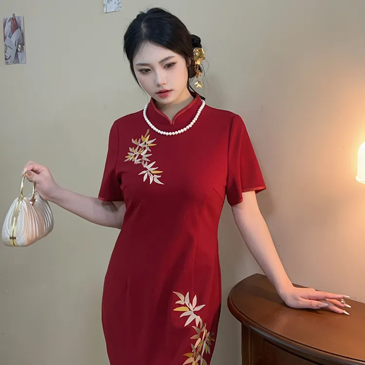 【自制款】风华 200斤大码胖mm精致刺绣竹叶红色喜庆新中式旗袍微胖