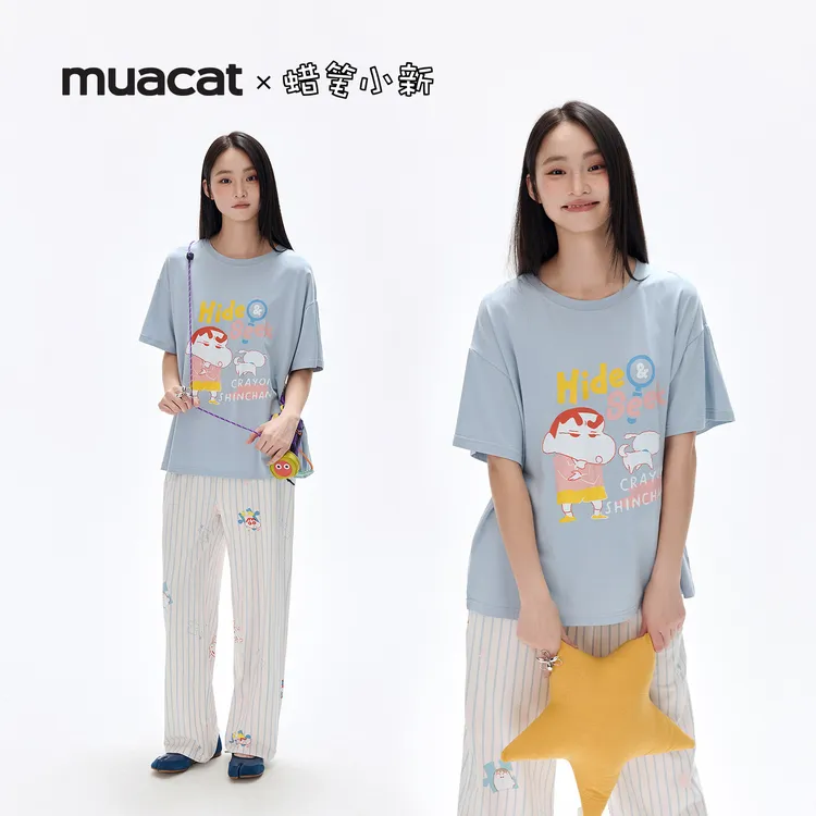 亲嘴猫【蜡笔小新】莫代尔棉可外穿卡通短袖睡衣家居服套装春夏女