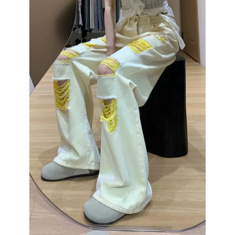 美式复古辣妹破洞小众牛仔裤女2025秋冬新款高腰显瘦遮跨直筒裤子