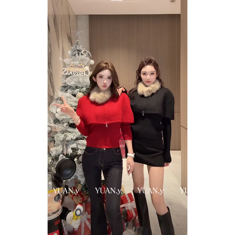 媛媛 【小步舞曲】冬季新款可拆卸毛领+斗篷时尚百搭私服毛衣#M0606