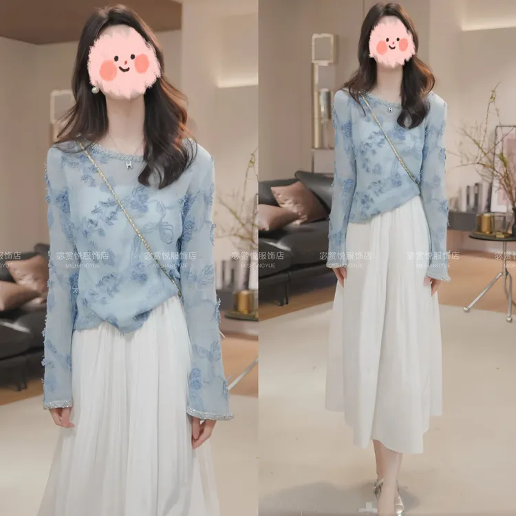 春游出行衣服夏季镶钻防晒长袖罩衫上衣半身裙气质套装洋气衣服女