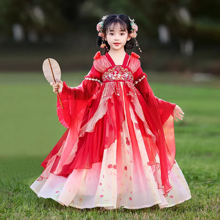 hls8803汉服女童长袖裙子齐胸中国风春秋款公主裙民族古风连衣裙
