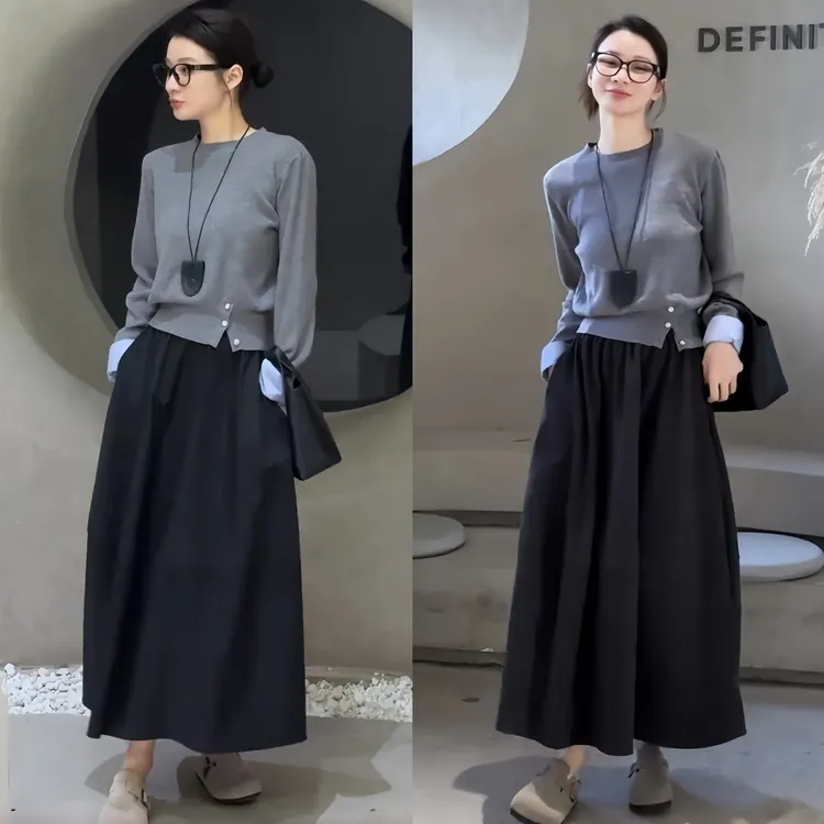 2025秋冬新款时尚百搭拼色修身显瘦长袖针织衫气质遮胯半身裙套装