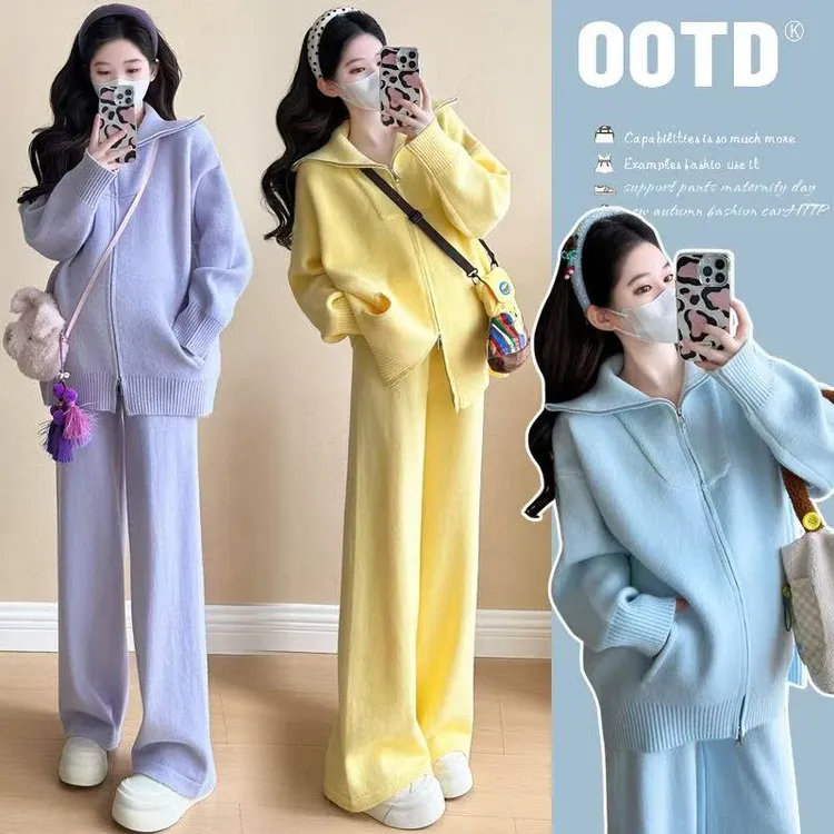 孕妇装2025休闲风秋冬新款双拉链翻领宽松毛衣秋冬季阔腿裤两件套