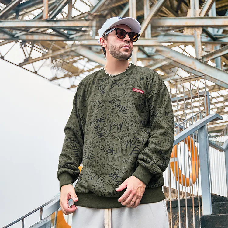 纺布者潮牌大码男装春季新款印花胖子加大长袖圆领宽松百搭卫衣男