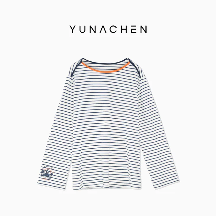 菠萝宝宝yuna【撞色海岸线】100棉条纹撞色刺绣字母长袖T恤YH23