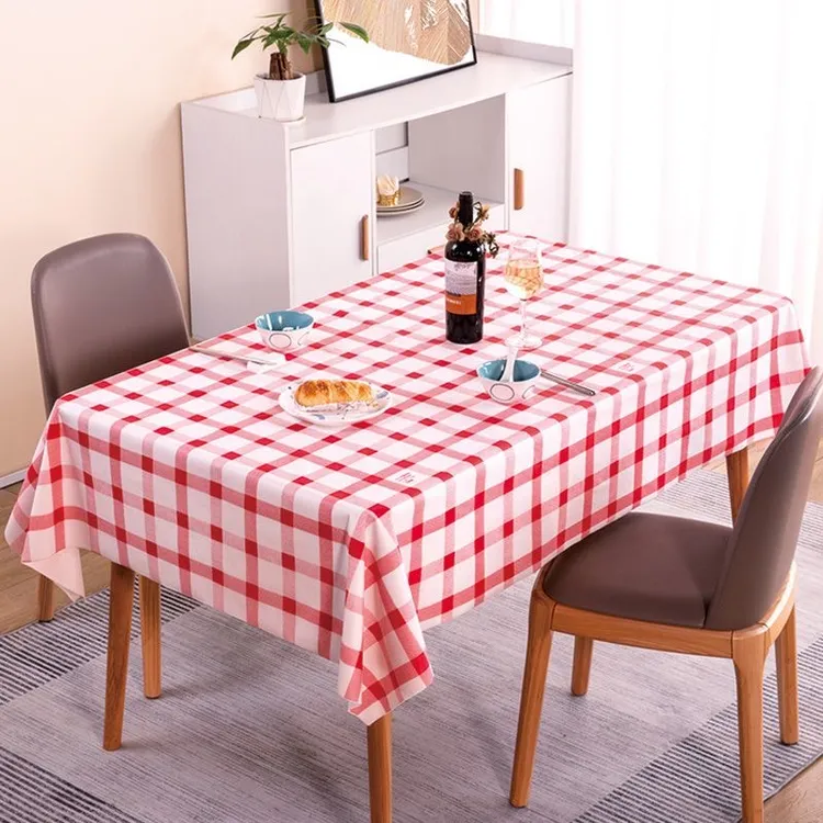 石头布加厚一次性桌布商用餐厅饭店家用长方形红白格印花台布批发