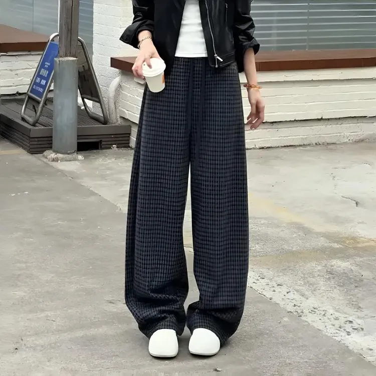 秋冬加绒保暖复古格纹阔腿裤清单休闲格子裤格子裤女款爆款新款