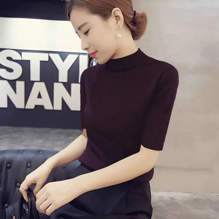 精纺羊毛春秋季半高领中袖针织衫女无缝一线成衣五分袖修身打底衫