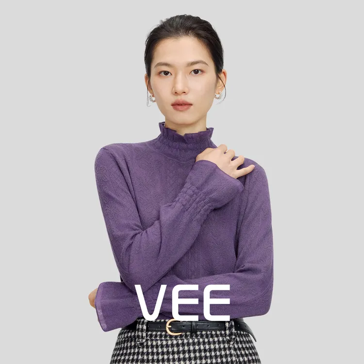 VEE【柔芙】半高领木耳边桑蚕丝羊毛针织衫女冬新款内搭打底上衣